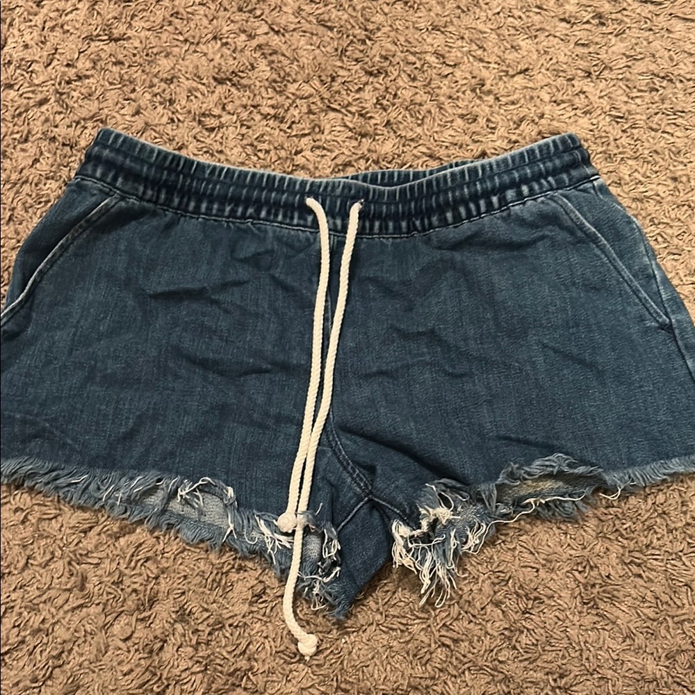 Aerie Blue Jean Shorts with Elastic Waist and Frayed Hem